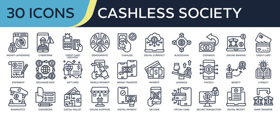 Collection of Cashless Society icons, related to Cashless, digital currency, blockchain, online banking, mobile payment and more. Outline icons vector illustation.