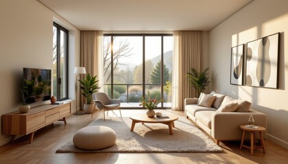 Fototapeta premium a modern living room with furniture made from quarter sawn white oak, soft rugs, neutral colors, large windows, warm sunlight streaming in, indoor plants, cozy cushions, ambient lighting