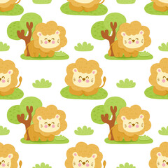 A cartoon lion is sitting in a grassy field