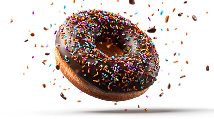 Chocolate iced donut with colorful sprinkles soaring mid-air, detailed texture and glossy glaze, isolated on white background.