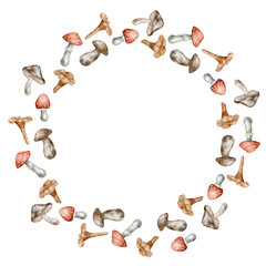 Watercolor Mushroom wreath with Boletus, chanterelles, and agarics forming a circular frame. Illustration of template with Fungus for autumn greeting cards, backgrounds or woodland invitations