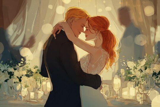 Lifestyle illustration Romantic lifestyle newlyweds sharing first dance at candlelit reception hall love radiating between them