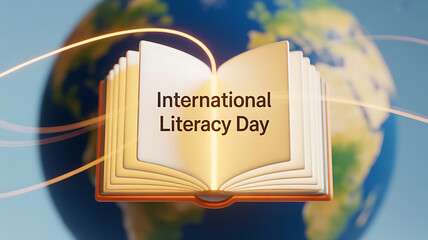 International Literacy Day celebrated with an open book over a globe, symbolizing global education and reading.