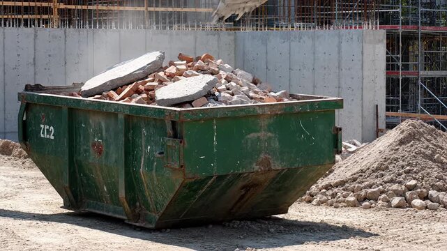Mechanical shovel attached to an excavator is transferring broken bricks and concrete debris into a spacious green roll off container at a construction site