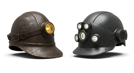Obraz premium Comparing Two Mining Helmets with Lights on White Background
