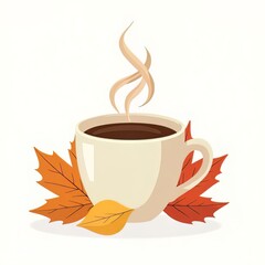 Minimal flat vector illustration of a hot coffee cup with autumn leaves.