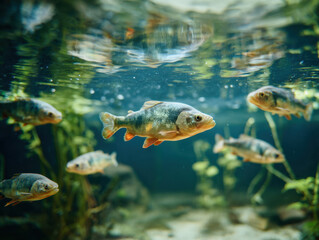 Fototapeta premium Sunlight filtering through water illuminating a school of perch swimming gracefully among lush aquatic plants in a serene underwater environment.