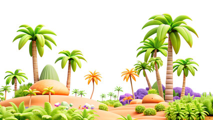 Cartoon tropical island with palm trees isolated on transparent background, 3d render illustration, summer vacation