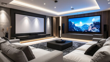 Naklejka premium Elegant living room featuring a large screen and automated home theater setup with futuristic surround sound system