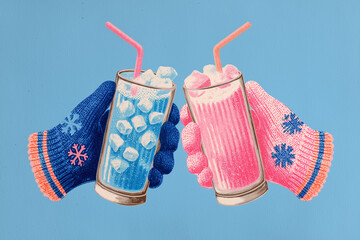 Quirky illustration of hands in winter mittens cheering with iced drinks. A funny, paradoxical concept about seasons, friendship and celebration.