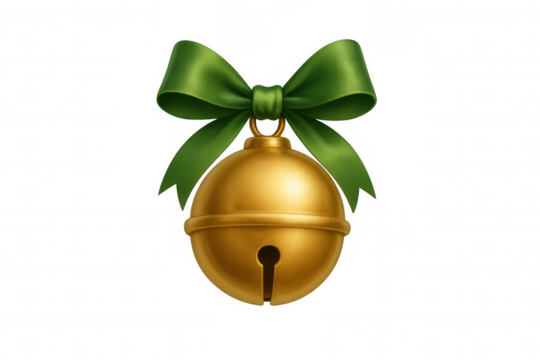 Gold jingle bell with green bow, traditional christmas holiday decoration, seasonal ornament object on transparent background - Powered by Adobe