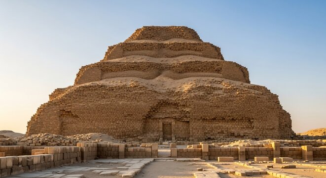 The ancient Step Pyramid of Djoser stands majestically in the Saqqara necropolis under a clear, sunlit sky in Egypt.