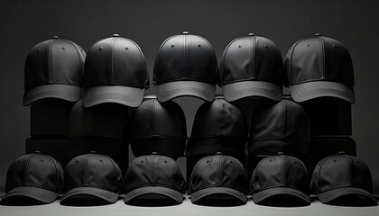 Pile of Black Baseball Caps on Black Blocks Dark Background