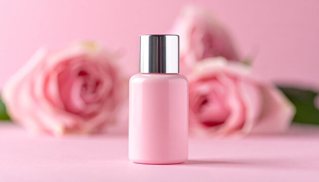 Pink plastic beauty bottle with silver cap, hair or body lotion, self-care cosmetic product. Shampoo