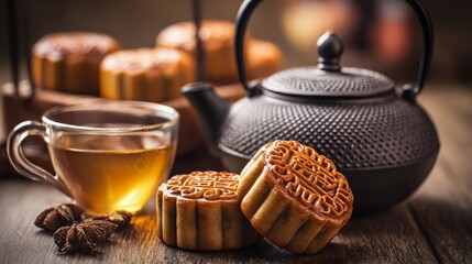 Traditional Chinese mooncake pastry with assorted filling served with herbal tea on wooden table festive dessert symbolizing Mid Autumn festival celebration in East Asian culture and holiday tradition