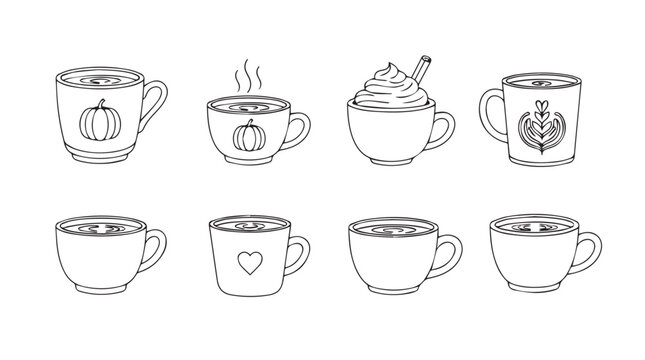 Cozy autumn mugs collection hand drawn sketches featuring fall themes and warm beverages silhouette