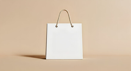 White paper shopping bag with rope handles on neutral background
