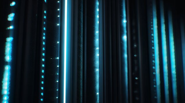 cables. Close-up view of illuminated server components in a data center with cool blue lighting. product launch decks, UI/UX mockups, designed for data visualization dashboards and holographic UIs.