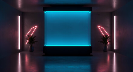 Modern showroom with glowing square lightbox and neon decor