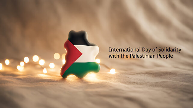 A Palestinian flag-shaped ornament illuminated by soft lights, commemorating the International Day of Solidarity with the Palestinian People