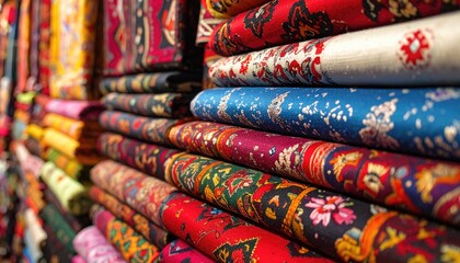 Pile of Colorful Patterned Textiles Displayed in a Market Stall Rich Texture Detailed Fabrics in Red Blue Green and Purple Exotic Cloth Crafts Bright