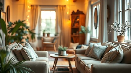 Fototapeta premium Cozy living space with warm lighting and comfortable seating, evoking a relaxed and inviting atmosphere.