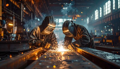 Skilled welders in protective gear work together illuminating a factory floor with bright sparks symbolizing industrial craftsmanship and teamwork