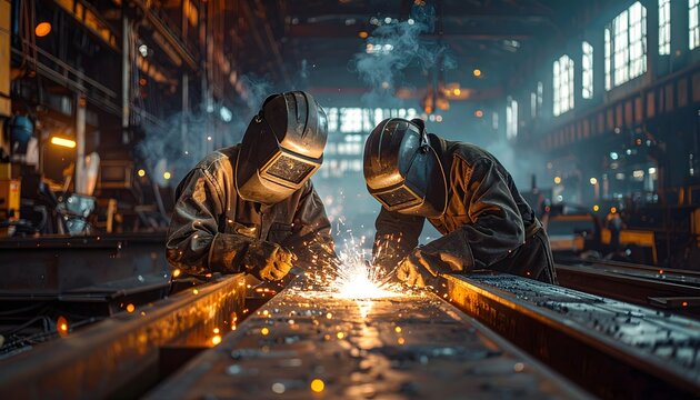Skilled welders in protective gear work together illuminating a factory floor with bright sparks symbolizing industrial craftsmanship and teamwork