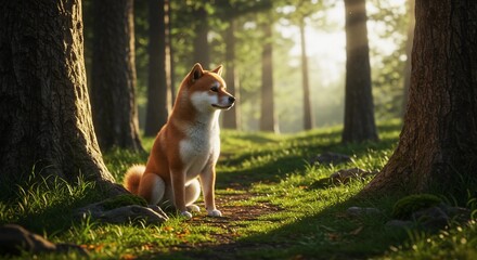 Focused Dog Sitting Quietly in the Forest with Sunlight