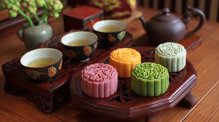 Traditional Chinese mooncake pastry with assorted filling served with herbal tea on wooden table festive dessert symbolizing Mid Autumn festival celebration in East Asian culture and holiday tradition