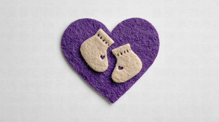 Purple heart and baby shoes, symbol of World Prematurity Day, November 17, childhood, love, birth of a child, baby, white background