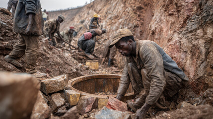 Laborers digging in a rocky quarry with tools, focused on extracting minerals from the ground under harsh conditions, showcasing teamwork and hard work in natural environment.