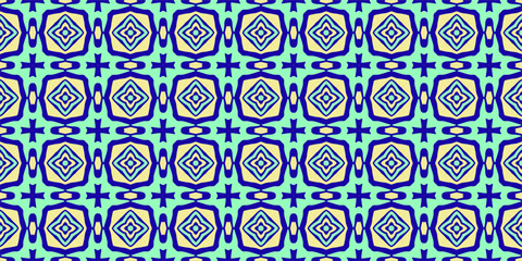 A retro geometric pattern featuring a seamless arrangement of repeating diamond and cross motifs in a striking blue and light blue color palette.