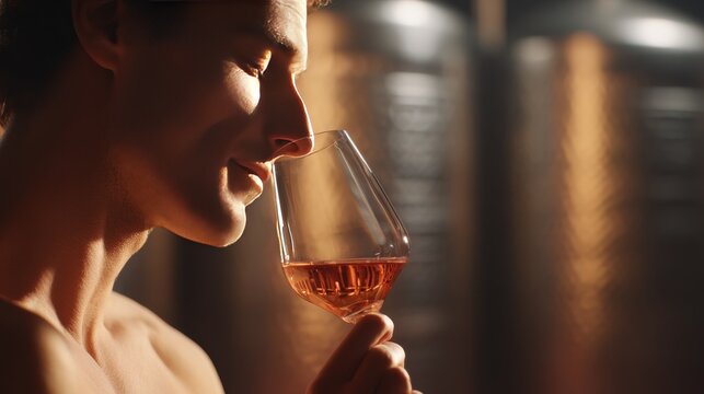 Closeup of unrecognizable adult man swirling glass of rose wine under nose, smelling bouquet aroma in cellar with blurry stainless steel tanks, elegant backlit atmosphere, wine tasting concept - Powered by Adobe