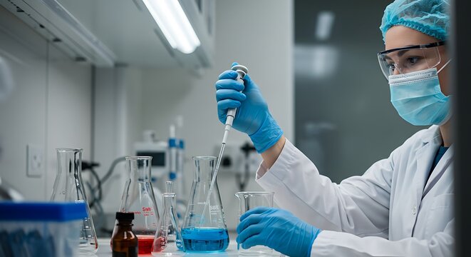 Scientist Working in Laboratory Performing Liquid Transfer - Powered by Adobe