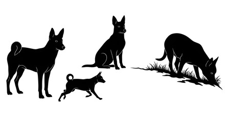 Silhouette of four dogs in different poses isolated on white background