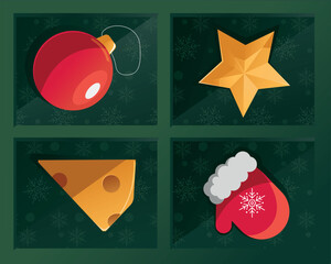 A whimsical vector Christmas poster dedicated to the Year of the Rat. The festive box contains all the necessary holiday attributes: a Christmas tree ornament, a mitten, a star, and a piece of cheese