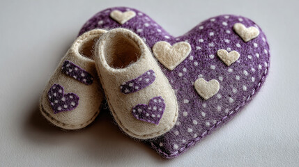 Purple heart and baby shoes, symbol of World Prematurity Day, November 17, childhood, love, birth of a child, baby, white background