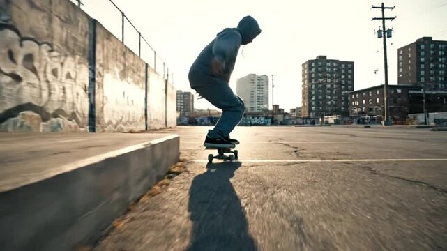A person in a hoodie rides a skateboard across an urban asphalt lot, featuring graffiti-covered concrete walls and distant city buildings under a bright sky.