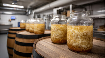 Fototapeta premium Glass jars of fermenting cabbage sit on wooden barrels inside a food processing facility with stainless equipment