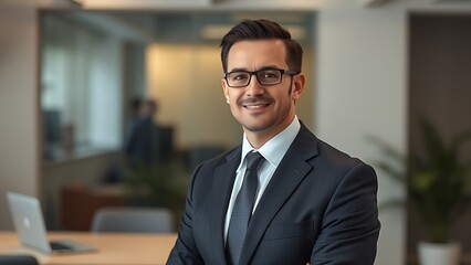 Fototapeta premium A confident business professional in a suit against a neutral office backdrop with soft lighting.