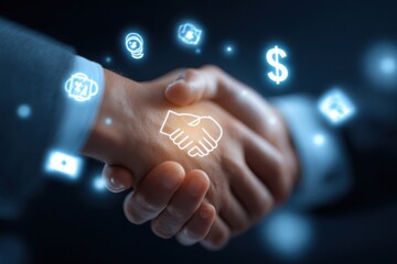 Business handshake with glowing financial icons representing trust and financial partnership