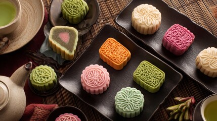 Traditional Chinese mooncake pastry with assorted filling served with herbal tea on wooden table festive dessert symbolizing Mid Autumn festival celebration in East Asian culture and holiday tradition