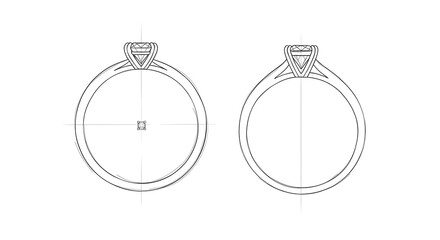 Obraz premium Two detailed technical drawings of a diamond engagement ring, front and side views.