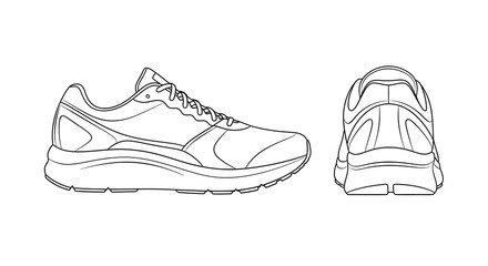 Technical drawing of running shoes, side and back views.