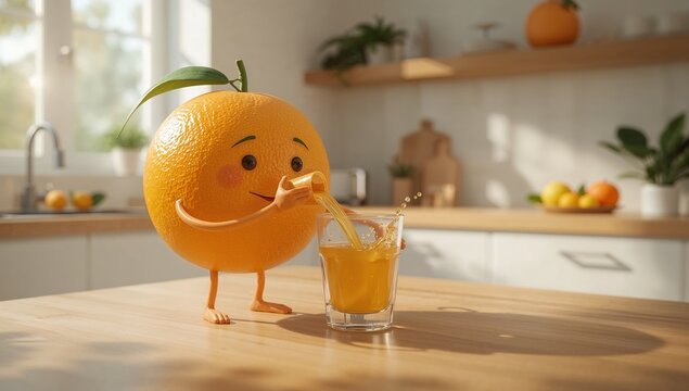 Joyful cartoon orange character pours fresh juice into glass creating vibrant splash in sunlit kitchen