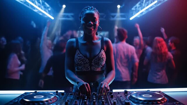 Young African American female DJ is spinning a live set on her turntables in a dimly lit club as the crowd moves to the beats of the electronic music