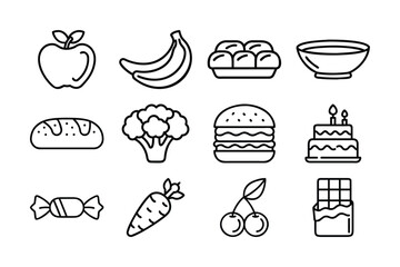 Food Outline Vector Icon Set | Restaurant, Fast Food, Drinks, Fruits, Vegetables & Kitchen Icons