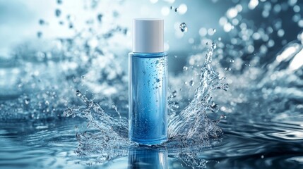 Display of cosmetics with splashing water droplets background
