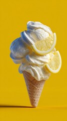 A delicious lemon ice cream cone featuring creamy swirls and fresh lemon slices, beautifully presented against a bright yellow backdrop, evoking summer vibes and indulgence
